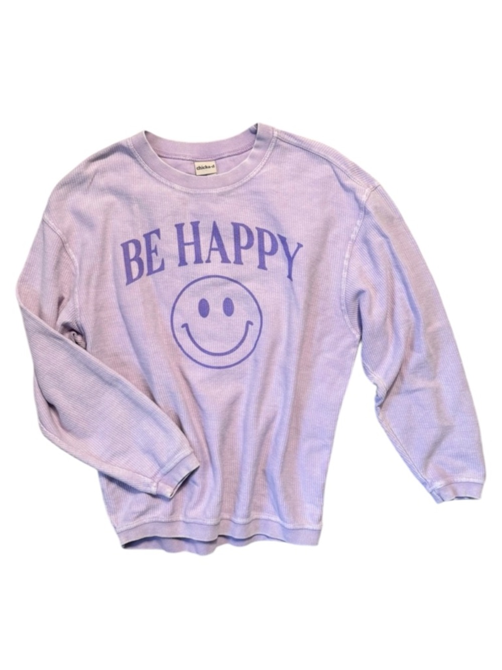 Chicka-d The Lyne Lavender Be Happy‎ Smiley Face Ribbed Sweatshirt Womens Small
